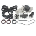 Metal automotive water pump and belt assembly unit showing 28mm length.