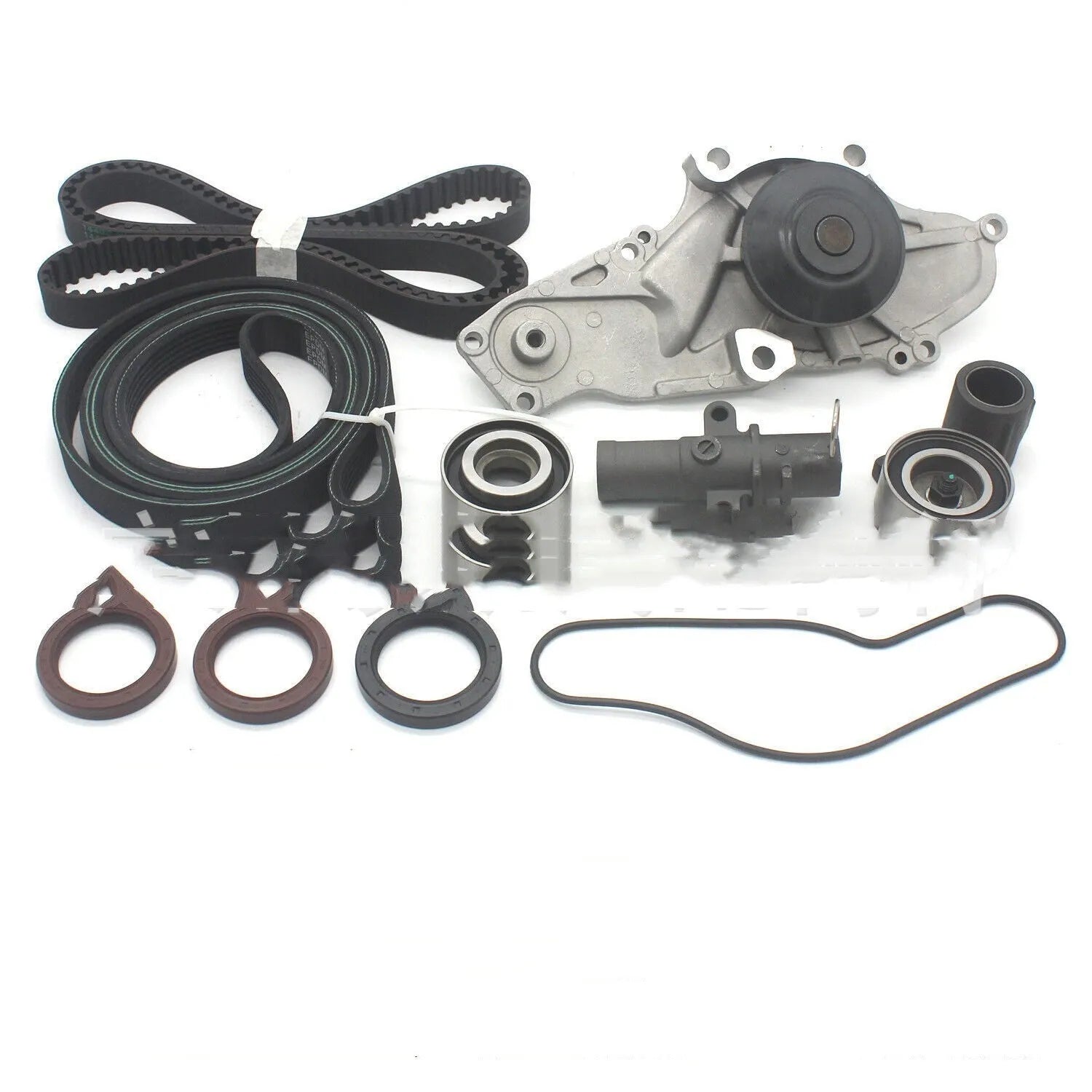 Metal automotive water pump and belt assembly unit showing 28mm length.