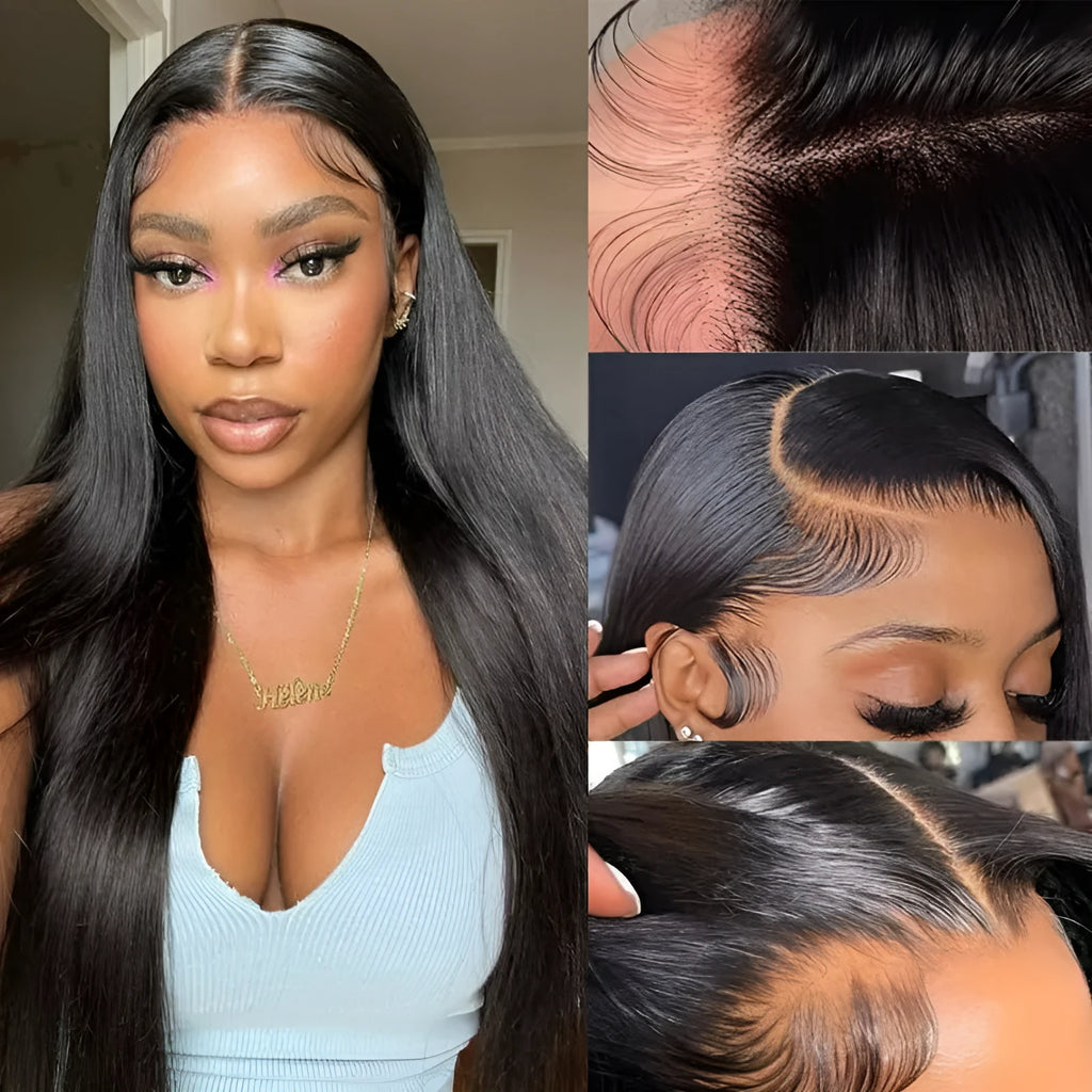 Black straight human hair wig with 13x6 lace front shown at 24 inch length