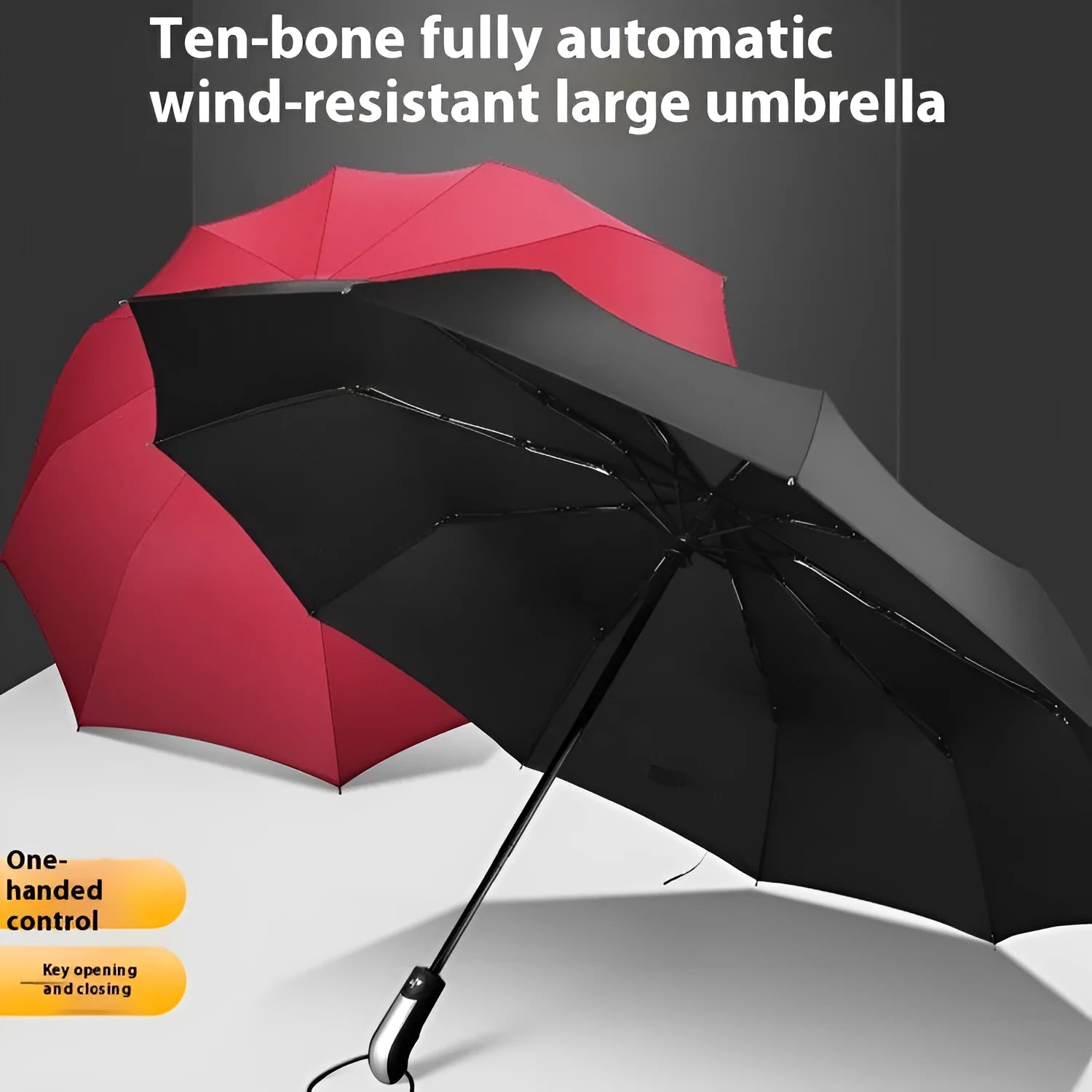 Triple-folding automatic business umbrella with steel frame and rubber handle in black, navy, or wine red.
