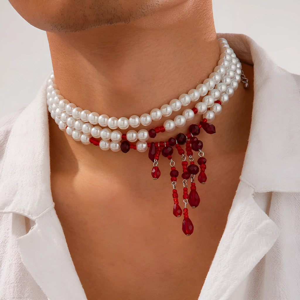 Men's geometric blood drop necklace with crystal and imitation pearl on adjustable chain in red and black colour option