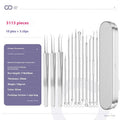 Four-piece metal acne needle set with ultra-fine pointed tips and clips on a white background