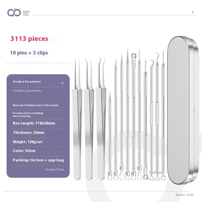 Four-piece metal acne needle set with ultra-fine pointed tips and clips on a white background