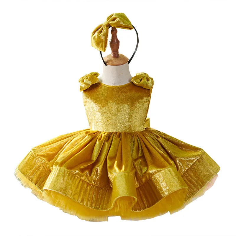 Golden short princess dress for girls, polyester, cute casual style, available in sizes 80-160cm