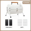 White portable folding grill with round chimney oven baking net and carbon tank configuration