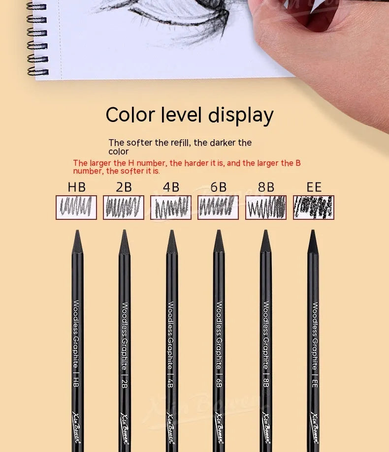 Set of six wood-free graphite sketching pencils in different grades for artistic drawing