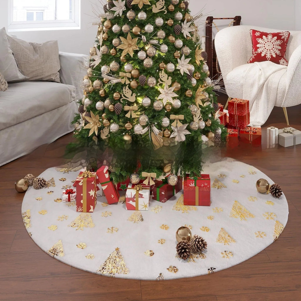 Christmas tree group design plush doormat with snowflake motifs in multiple size options
