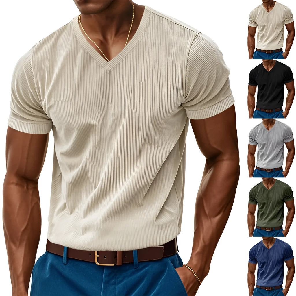 Men's loose V-neck short sleeve polyester top in black, gray, army green, denim blue or apricot, sizes S to XXXL.