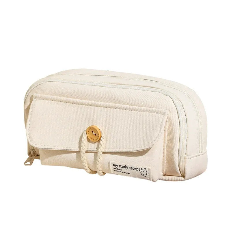Korean-style canvas pencil case in green, beige, blue, and grey colours with large capacity for pens