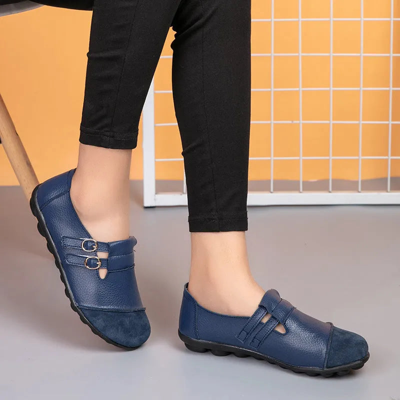 Button brand casual leather flat shoes with a Velcro strap, shown in multiple colours on a white background.