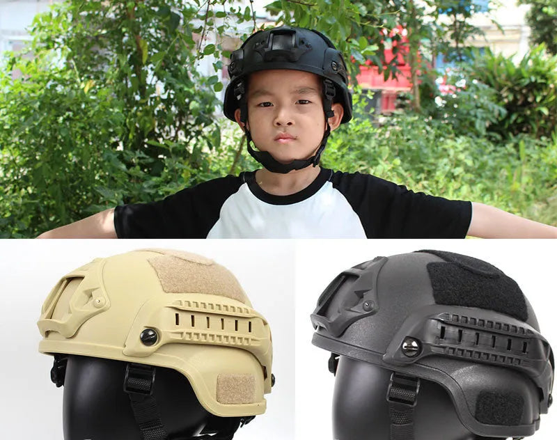 Youth tactical helmet in PP plastic, 53-57cm head size, sand colour for summer camp
