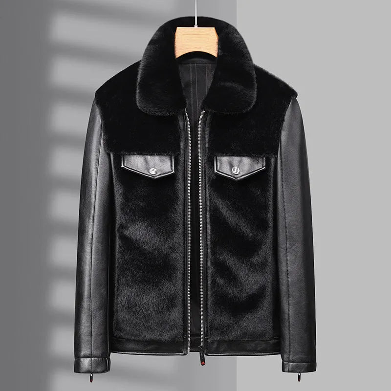 Men's black artificial fur winter jacket, city style, 50cm length, sizes M to 4XL
