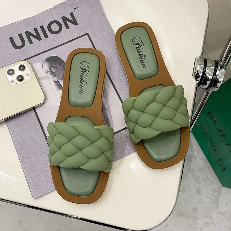 Women's plaid pattern PVC beach sandals with thick anti-skid sole in black, green, orange, or white
