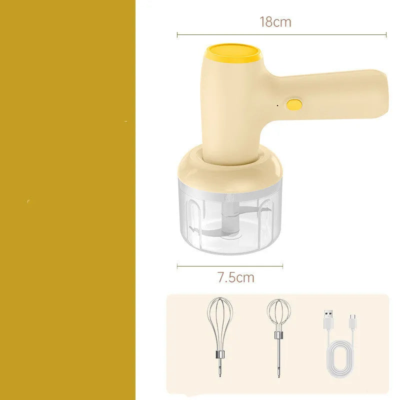 Beige yellow USB rechargeable electric garlic chopper with 250ml cup and 304 blade on a kitchen counter