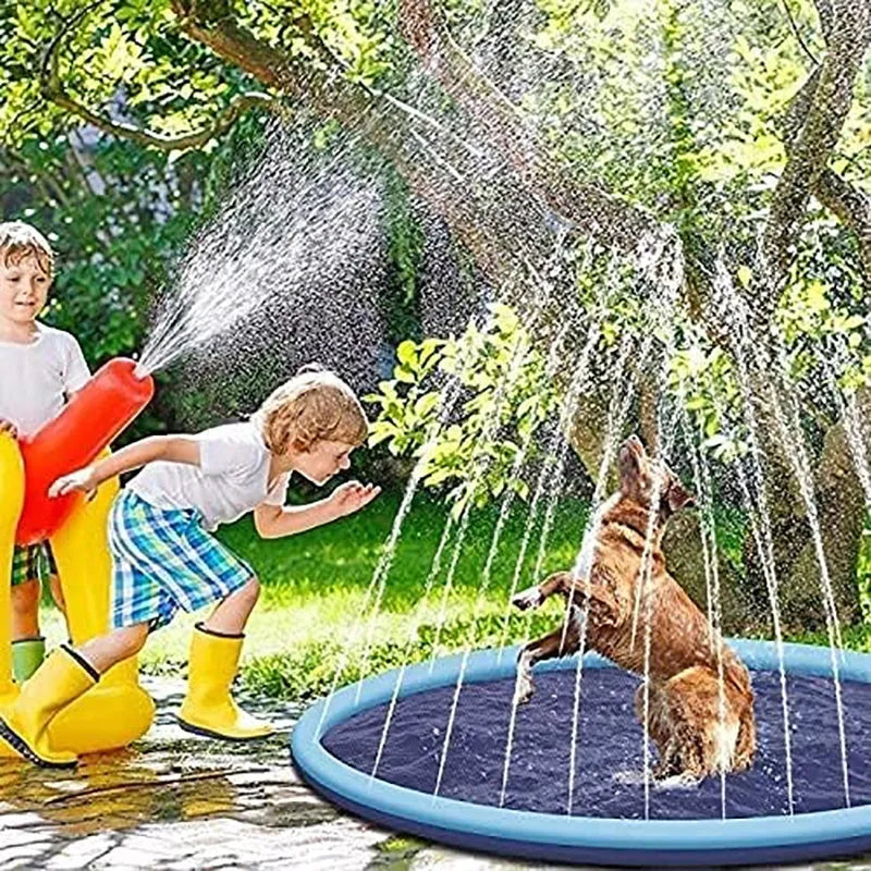 Blue anti-slip dog splash pad mat with sprinkler jets, set up on a garden lawn.