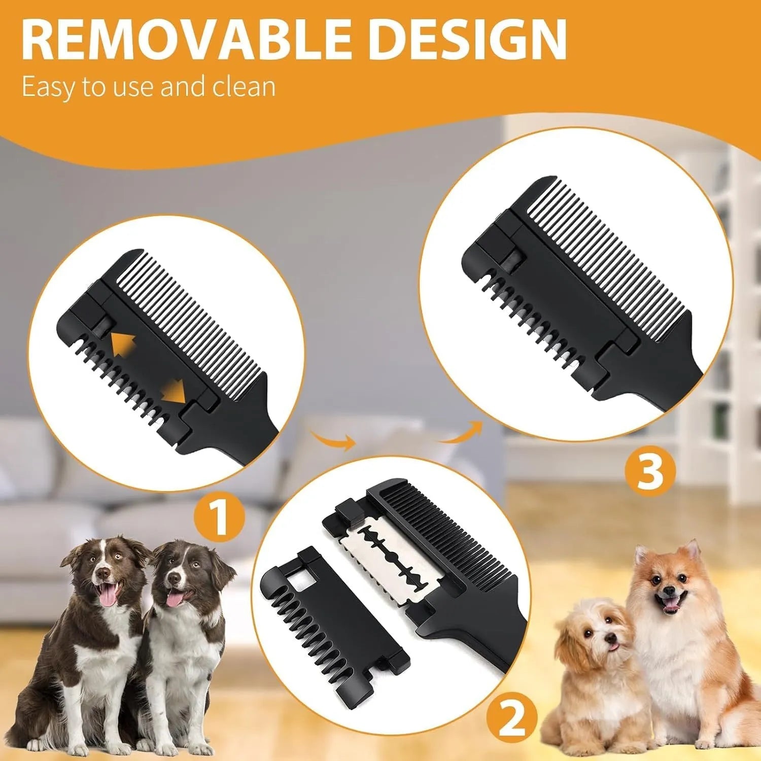 A 2-in-1 pet grooming comb with a built-in trimming blade and replacement blades, shown next to a small dog.