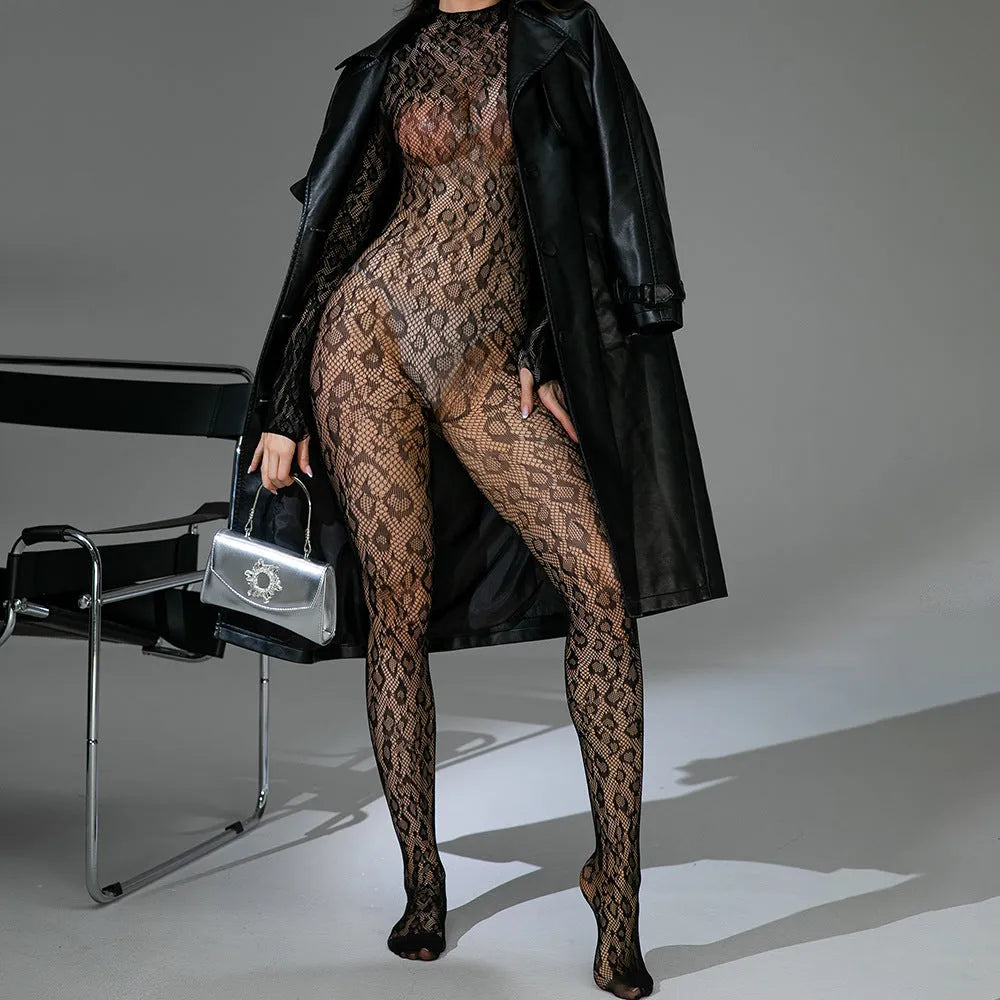 Black fishnet Jacquard one-piece lingerie with long sleeves and a backless design on a mannequin.