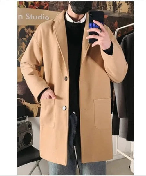 Men's mid-length slim woolen coat with single-breasted placket, lapel collar and patch pockets in black, grey or khaki