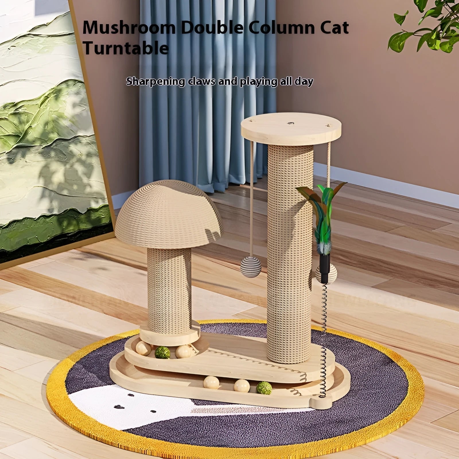 Solid wood cat turntable scratching post and climbing frame toy in a chosen style variant.