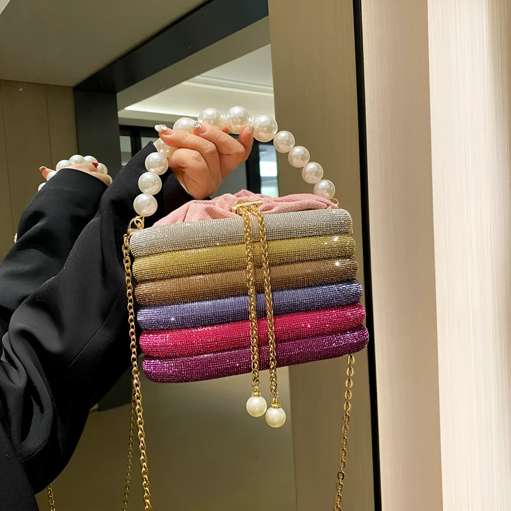 Women's retro style crossbody bag with pearl beading on soft PU material in round dinner bag shape
