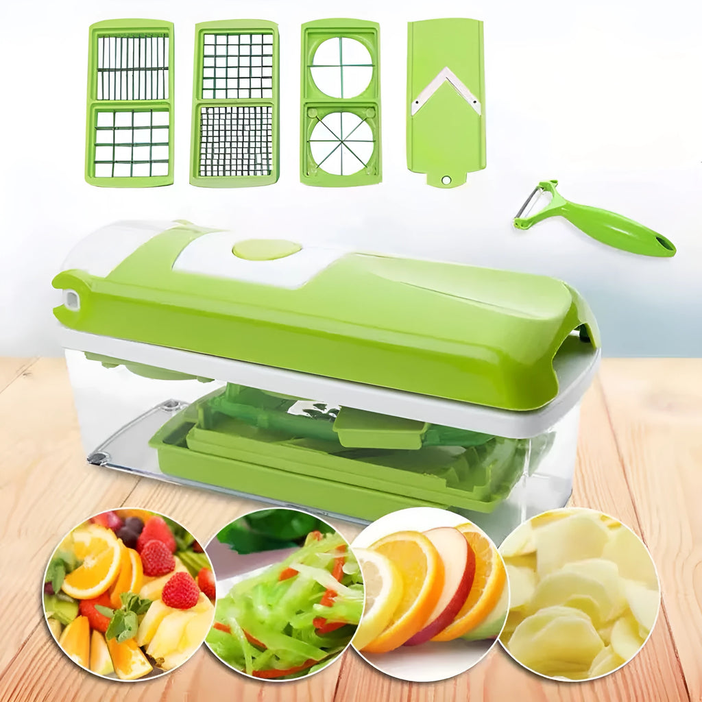 Green 12-piece manual vegetable chopper and food dicer set with stainless steel blades on a kitchen counter.