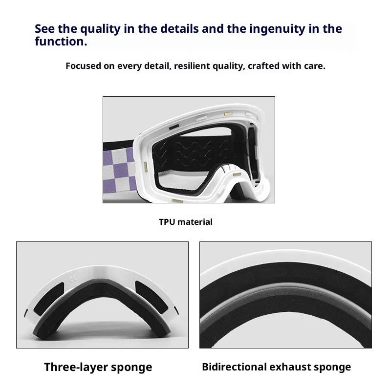 Spherical ski goggles with double-layer anti-fog lens, TPU frame, and PC lens in six colour options