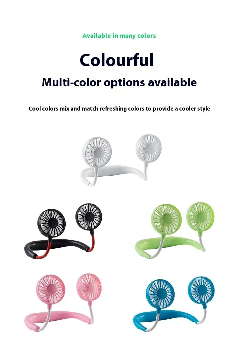 Charging mini portable halter fan with brushless motor, colourful breathing light, and three speed modes in black