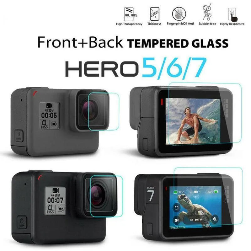 GoPro Hero action camera with transparent 9H tempered glass lens and LCD screen protectors applied.