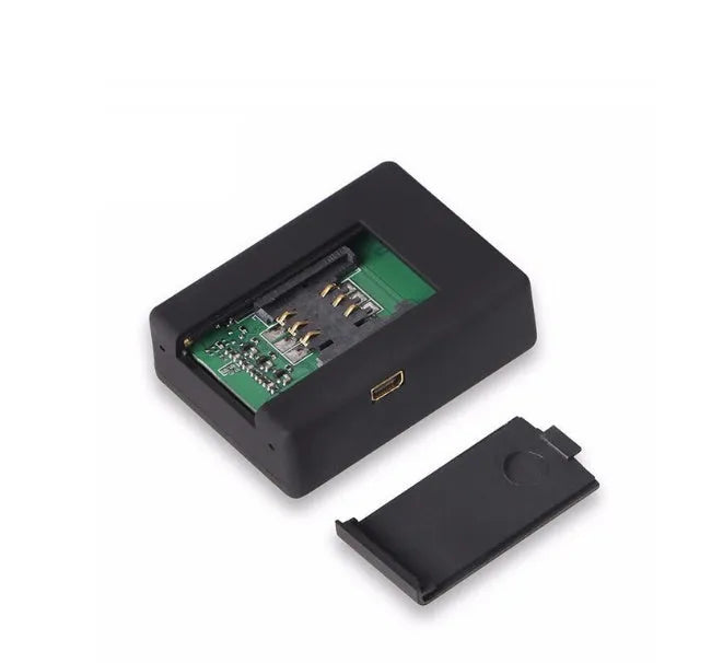 Black N9 mini GPS tracker and car alarm unit with open back cover showing SIM slot.
