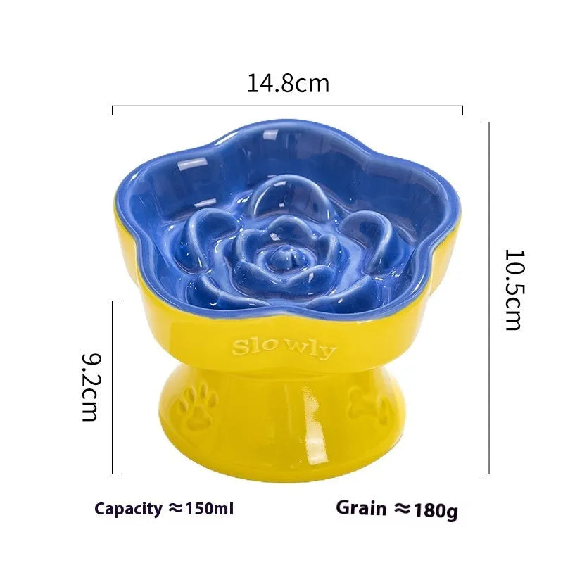 Black ceramic pet bowl with high neck protector and anti-tumble base design