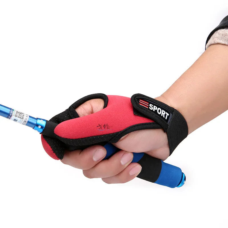 A single two-finger fishing glove for right or left hand in blue, made of diving cloth and microfiber.