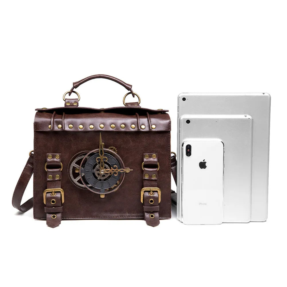 Bronze steampunk pillow shoulder bag with metal hardware on a structured square PU body.