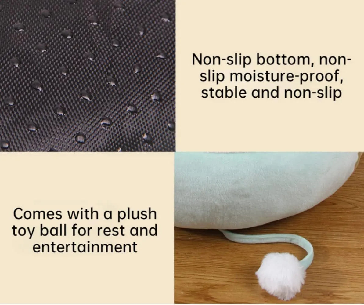 Green chick-shaped cat bed shown both laid flat and hanging as a hammock for small pets.