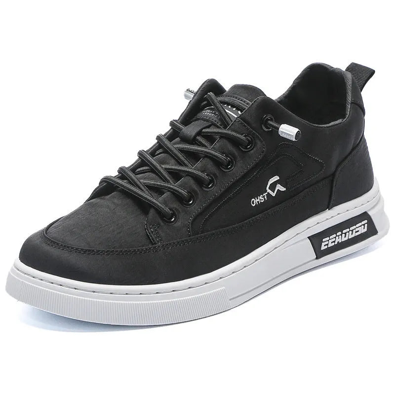 Men's grey casual sneakers with ice silk cloth and canvas upper, round toe and lace-up design