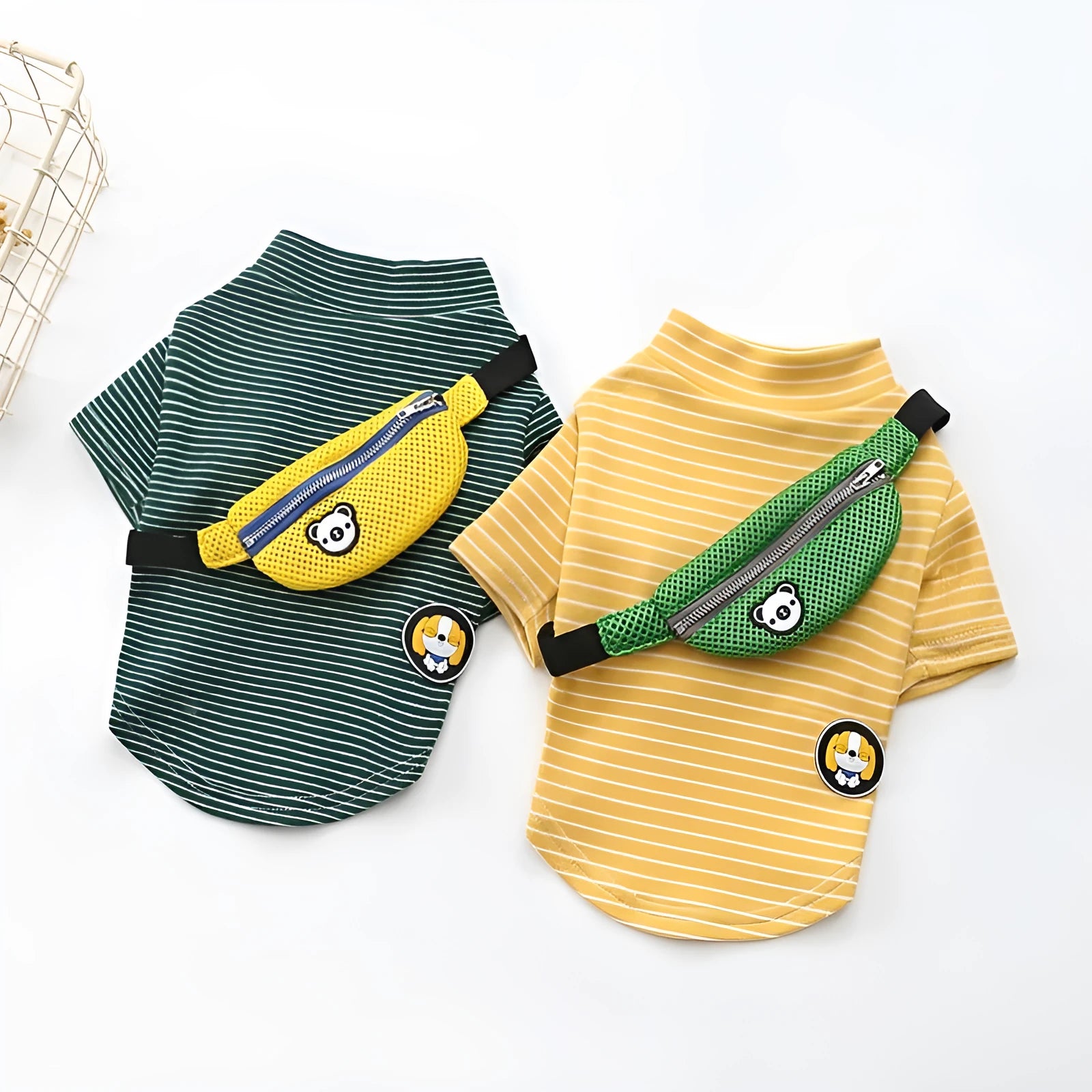 Striped green cotton dog t-shirt costume on pet with casual two-legged design