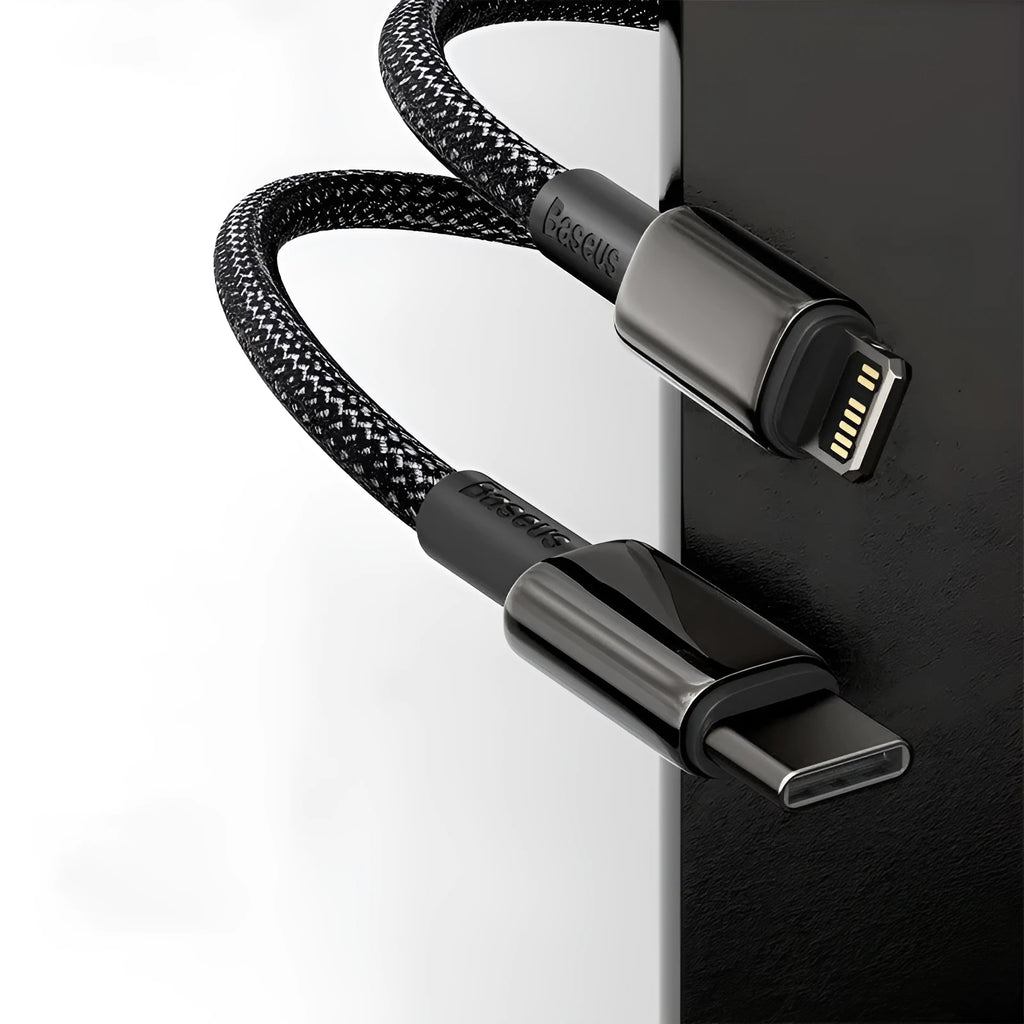 Baseus tungsten gold series PD 20W fast charging data cable, black zinc alloy and nylon braided, Type C to IP, 1m or 2m