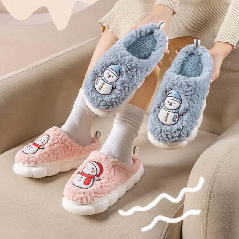 Cute snowman winter slippers in plush material with thick anti-slip PVC sole on indoor floor