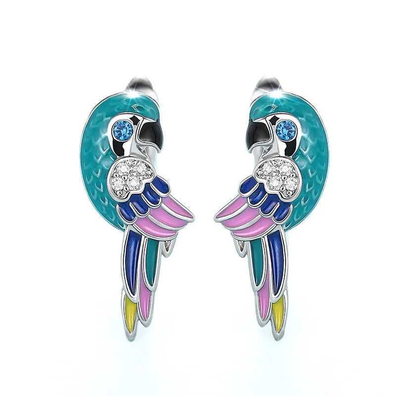 White gold colour copper ear clip with parrot bird ornament and inlaid zircon stones