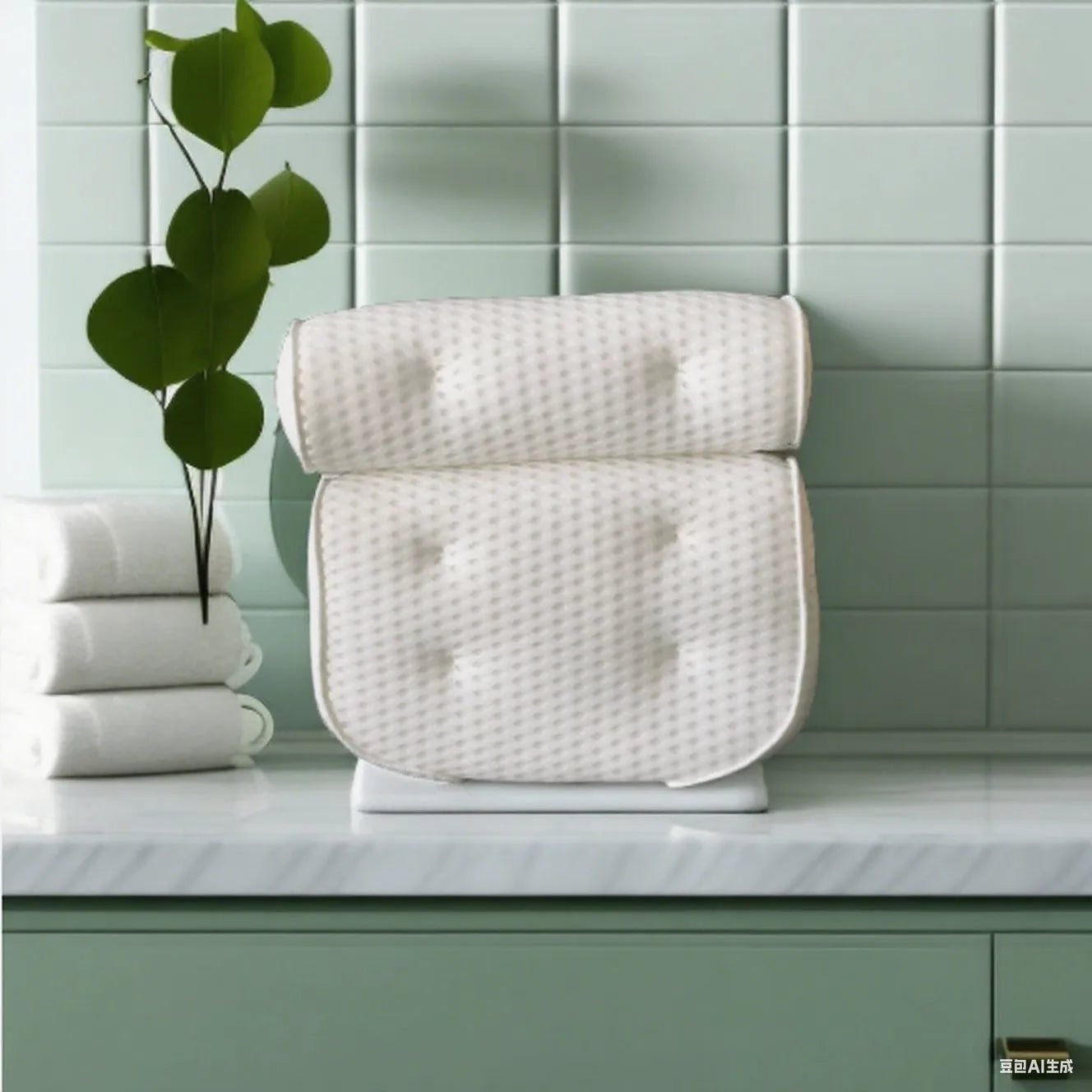 White 4D mesh bathtub pillow with suction cups on a bathtub.