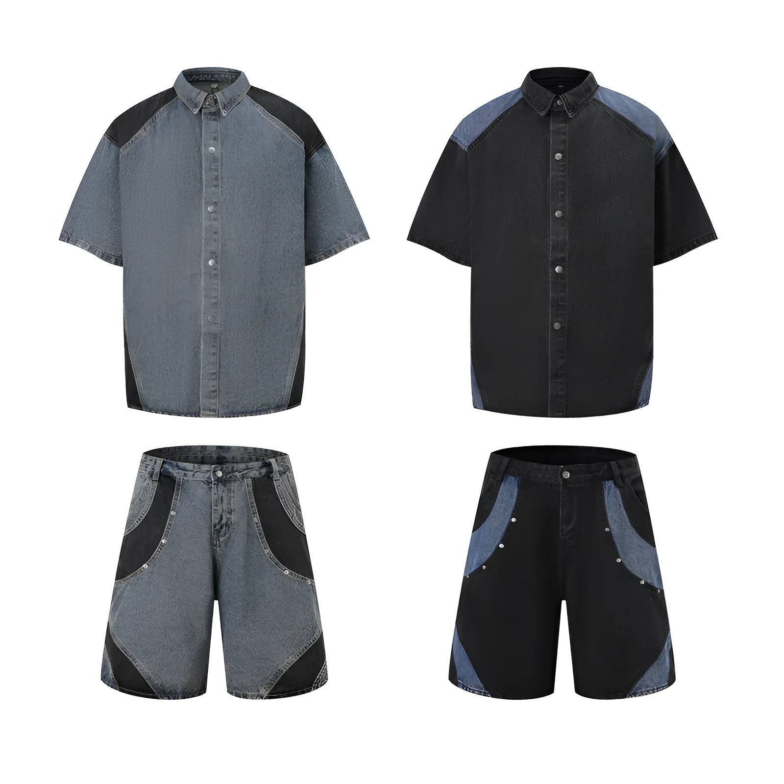 Retro washed denim short sleeve jacket and trousers suit set in blue colour.