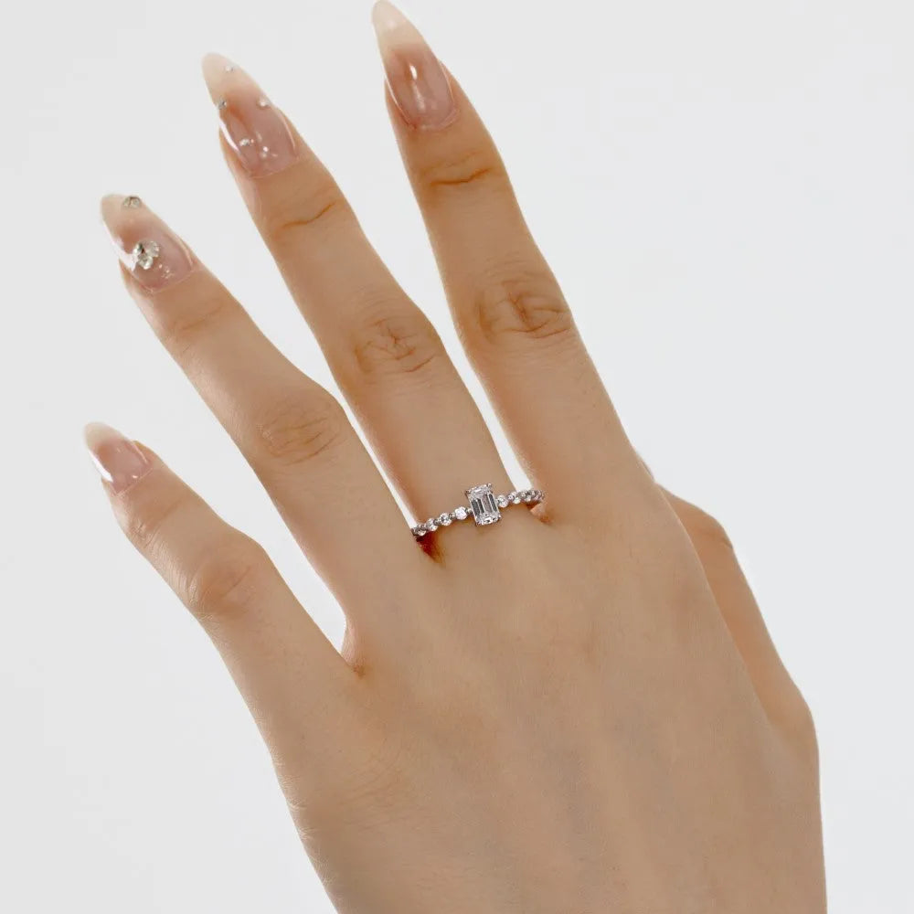 Round diamond ring for women in silver with white gold colour electroplated finish, sizes 5 to 9