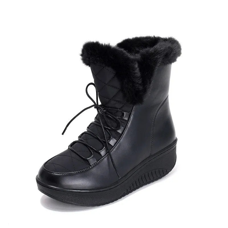 Women's black platform winter boots with lace-up closure and water-resistant PU leather