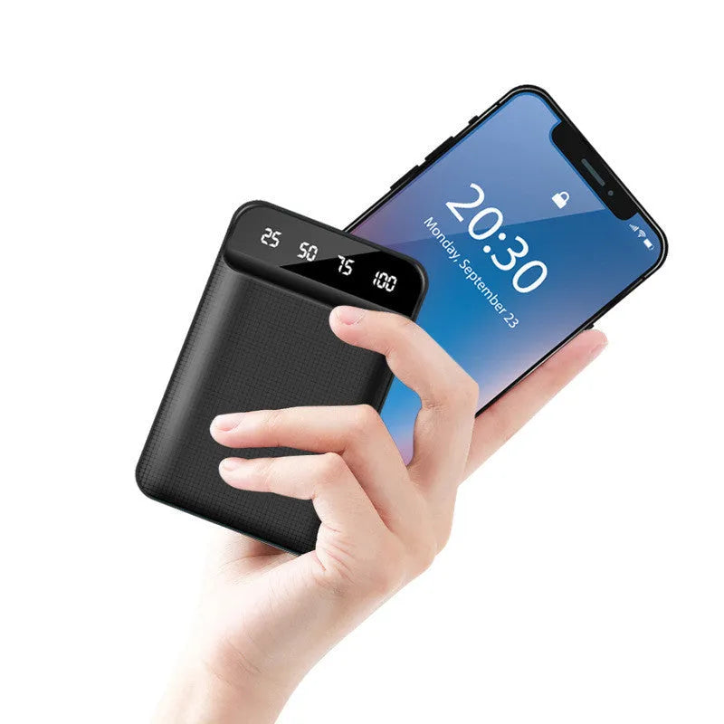 Compact rectangular power bank with multiple USB ports shown in black, blue, pink, and white colour options