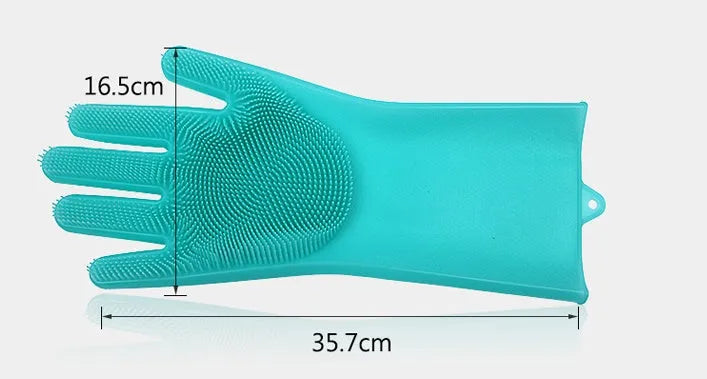 A pair of blue silicone cleaning gloves with a textured sponge-like surface for scrubbing.