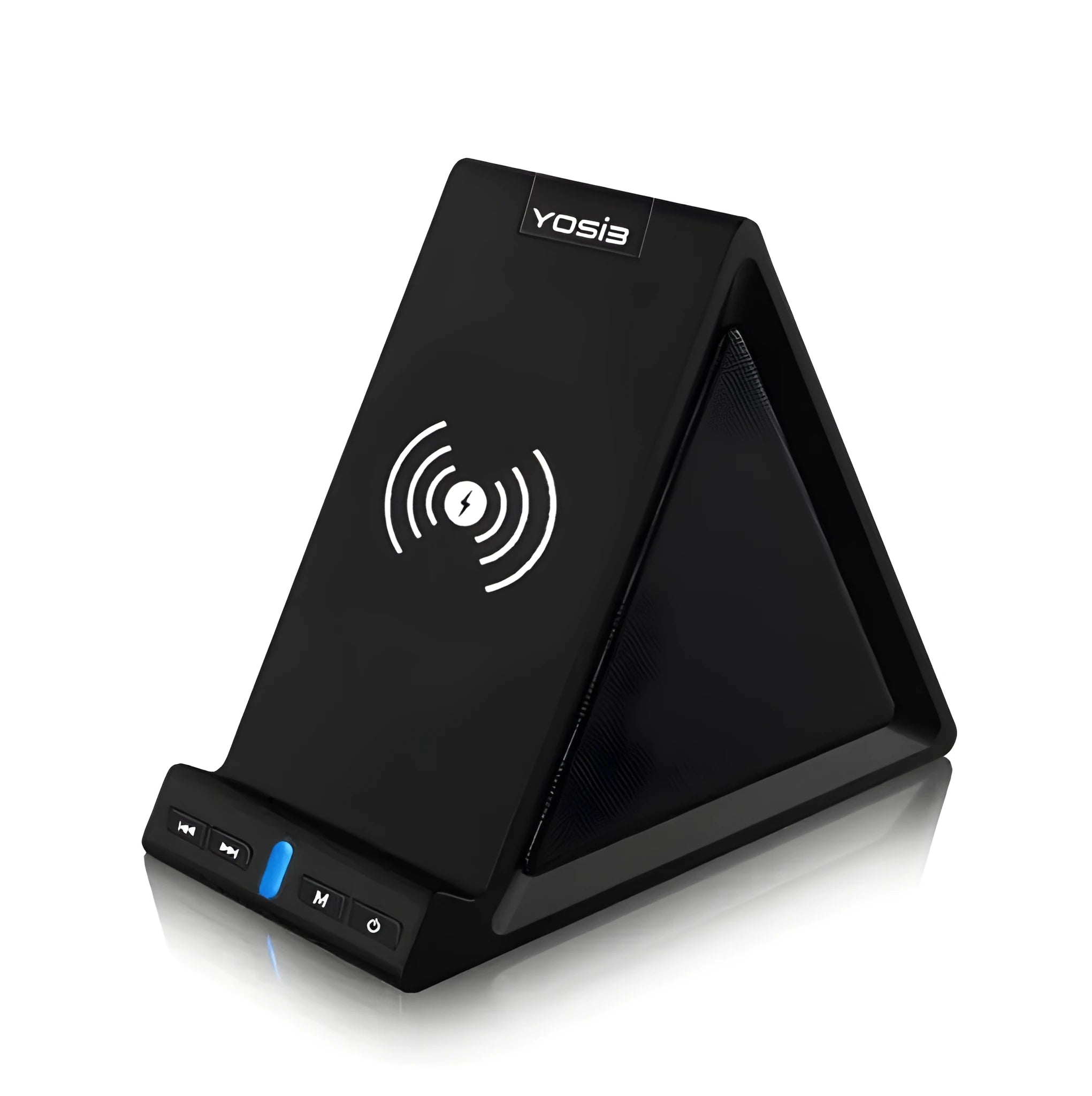 Black multifunctional mobile phone stand with built-in Bluetooth speaker and wireless charging surface