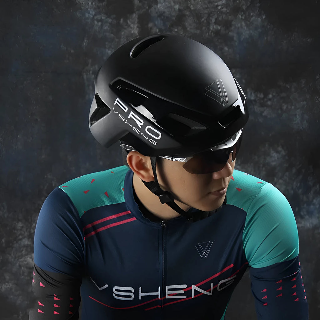 Road bicycle safety helmet in black with ventilation holes, adjustable buckle, and high density EPS foam and PC shell