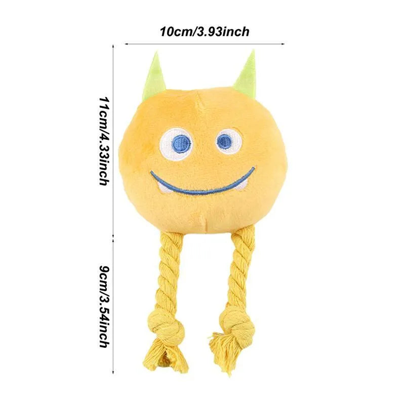 Squeaky dog toy with strong knot design, cotton rope and PP cotton filling, cartoon shape, yellow or blue
