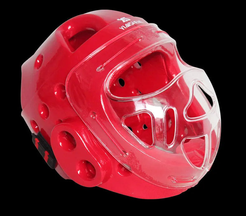 A blue, red, or white karate helmet for boxing head protection, shown in sizes S, M, L, and XL.