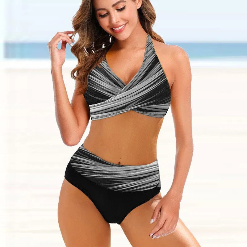 Women's striped tie-dye bikini set with high-waisted briefs and backless design
