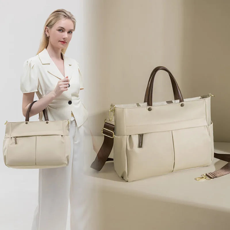 Women's Oxford cloth briefcase bag in elegant black with contrast colour detailing and stitching